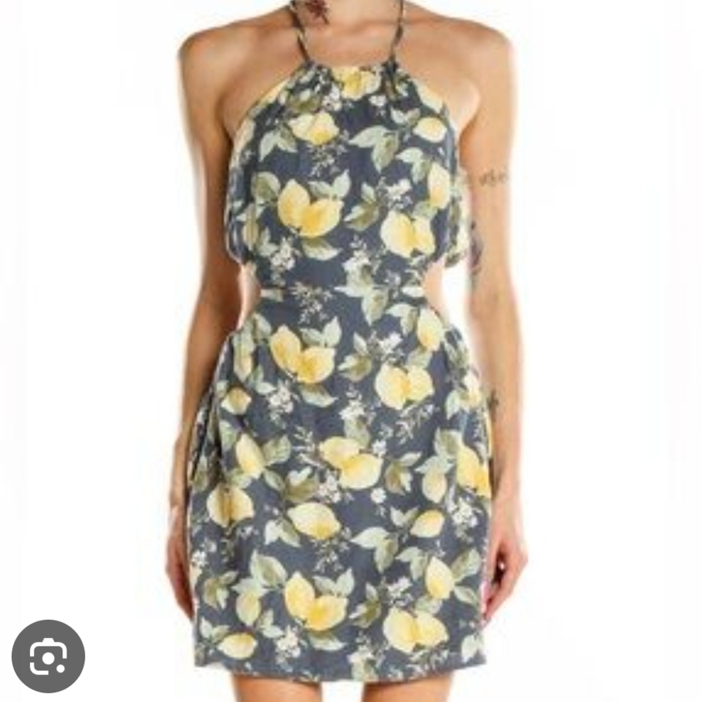Abercrombie And Fitch Lemon Floral Halter Neck Cut Out Dress Blue and Yellow XS